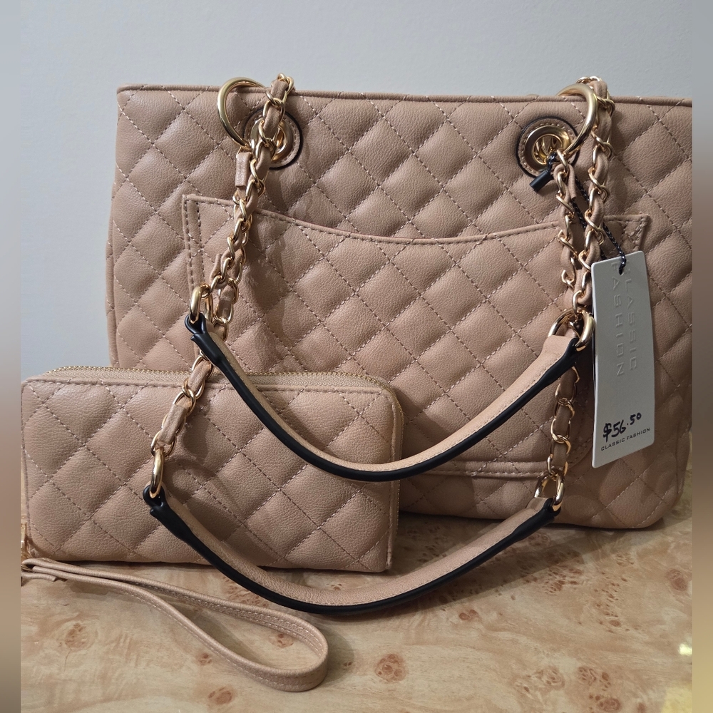 Elegant Beige Quilted Handbag and Wallet Set, Bought at A Boutique, NEW